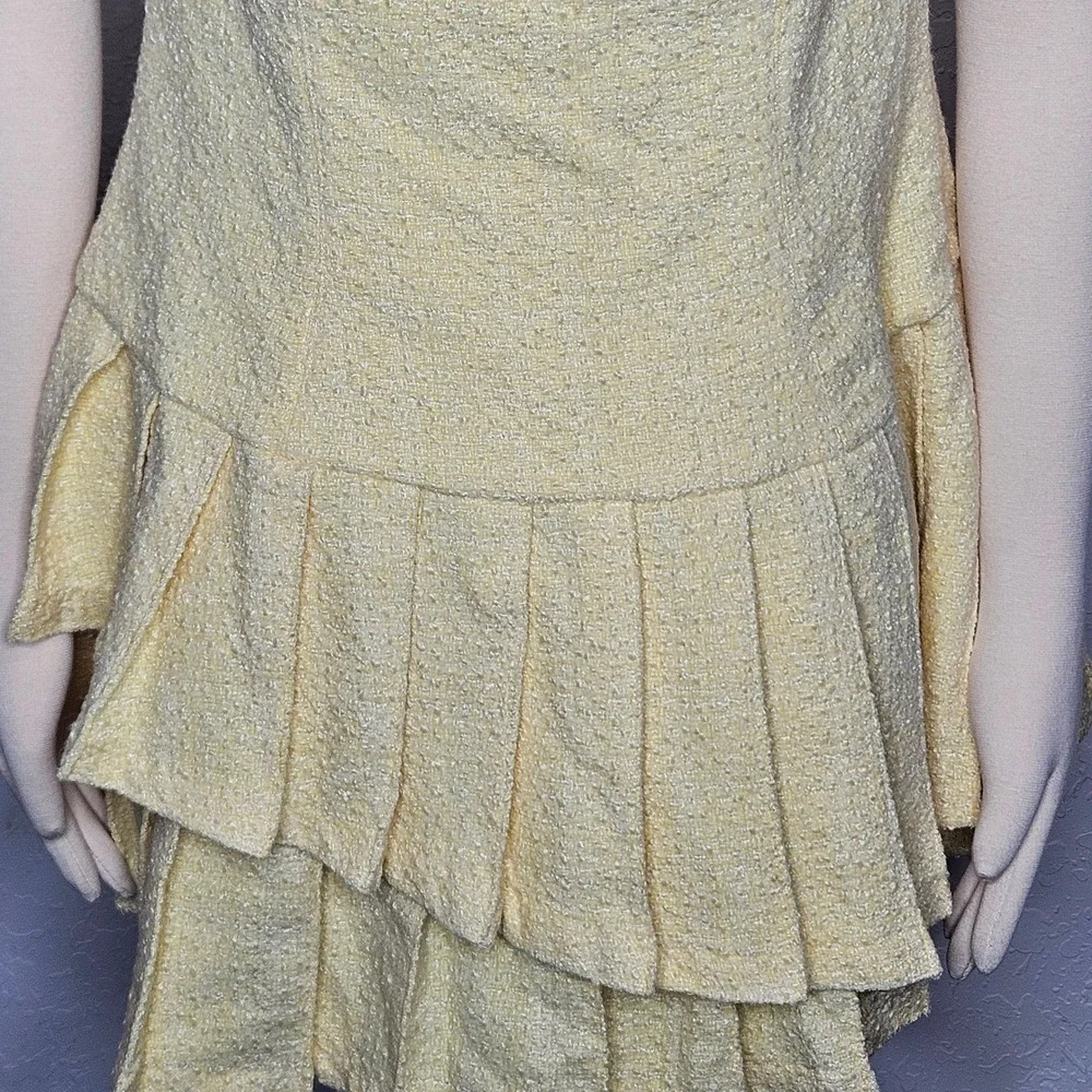 Oh Polly Butter Yellow Tweed Halter Mini Dress Pleated Ruffle Coquette US 10